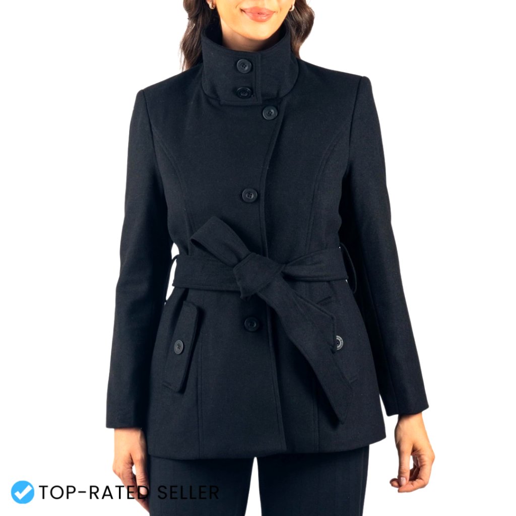 Wool Blend Peacoat Convertible Funnel Neck Belted Blazer Jacket 3-In-1 Chic